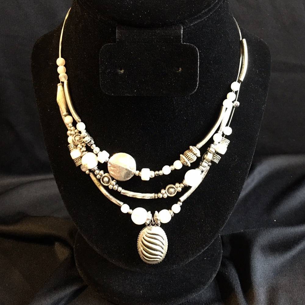 Vintage Three Layered Silver Tone & White Beaded Necklace